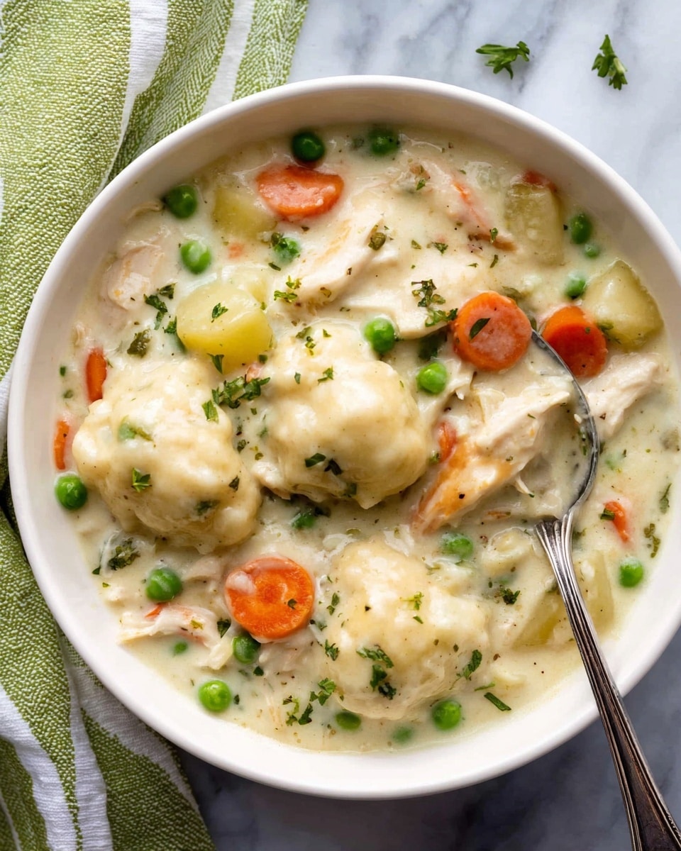 The image shows a white slow cooker filled with a creamy stew. The stew has several layers and textures, starting with a thick, light beige creamy sauce as the base. Mixed within the sauce are soft, doughy dumplings in off-white with a slightly uneven surface. Scattered throughout are small, colorful pieces of vegetables including bright orange carrot bits, green peas, and darker mushroom slices. Small flecks of green herbs are sprinkled over the whole dish, adding a speckled contrast. The slow cooker sits on a surface with a white marbled texture. photo taken with an iphone --ar 4:5 --v 7