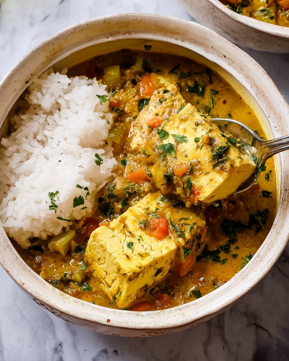 The image shows a white ceramic bowl filled with a thick curry containing two large pieces of light yellow tofu mixed with small chopped vegetables like green herbs, orange and yellow peppers, and onions, all covered in a creamy, golden-yellow sauce with green herb flecks. On one side of the bowl, there is a neat portion of white steamed rice with a soft, fluffy texture. A metal spoon is scooping up one tofu piece, and the bowl sits on a white marbled surface with soft natural light. photo taken with an iphone --ar 4:5 --v 7