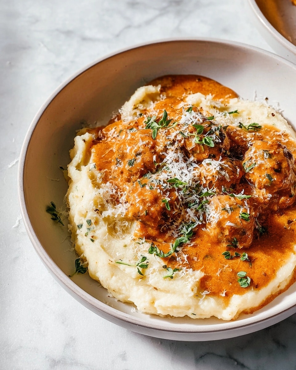 Two white bowls with black rims hold creamy mashed potatoes topped with an orange-brown sauce with small round pieces, sprinkled with grated cheese and small green herb leaves. Each bowl shows a soft, smooth base layer of mashed potatoes, with the sauce and chunks spread on top. One bowl has a silver fork resting inside, placed on a light beige cloth napkin to the right. The bowls sit on a white marbled surface beside two clear glasses filled with dark red liquid and a dark bottle casting soft shadows around. Photo taken with an iphone --ar 4:5 --v 7