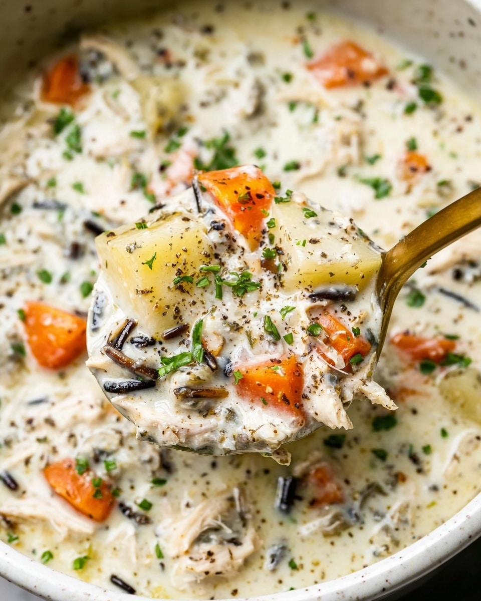 A close-up of creamy soup held on a golden spoon, showing a thick white base with chunks of orange carrots, pale yellow potatoes, shredded white meat, and small pieces of dark wild rice mixed throughout. Green chopped herbs are sprinkled on the surface, adding splashes of color, and black pepper is lightly dusted over the soup. The background and bowl have a white marbled texture. Photo taken with an iphone --ar 4:5 --v 7