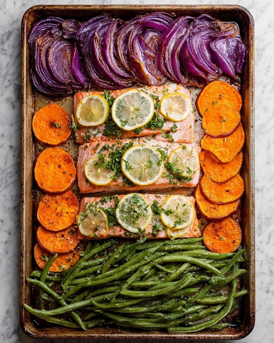 A white plate holds a meal with four main parts: in the lower left, there is a large piece of cooked salmon with a pinkish-orange color, flaky texture, and green herb sprinkles on top, with a silver fork partially breaking the salmon apart; behind the salmon, there are two lemon wedges with a pale yellow color placed near the upper left edge of the plate. To the right of the salmon, there are thin orange slices of sweet potato layered in a small stack, sprinkled with herbs. Beside the sweet potatoes, bright purple cooked onion slices are visible, slightly shiny and soft. On the far right, a small pile of green cooked asparagus is arranged neatly in a row. The whole plate sits on a white marbled surface. Photo taken with an iphone --ar 4:5 --v 7