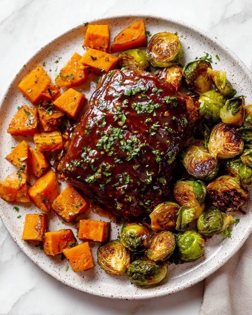 On a white speckled plate sitting on a white marbled surface, there is one large piece of glazed meat covered in a shiny dark reddish-brown sauce, sprinkled with chopped green herbs on top. Surrounding the meat are roasted Brussels sprouts, some cut in half showing a golden-brown char, and cubed, roasted orange sweet potatoes evenly spread around the plate. The colors contrast well with the shiny sauce, vibrant green Brussels sprouts with browned edges, and bright orange sweet potatoes, creating a warm, cooked look. photo taken with an iphone --ar 4:5 --v 7