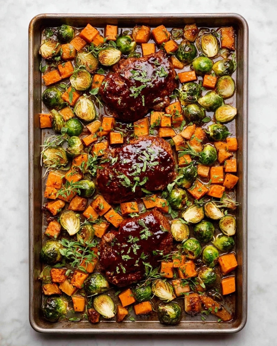 A rectangular metal baking tray filled with four pieces of dark reddish-brown glazed meat evenly spaced across the center. Around the meat are bright orange cubed sweet potatoes and green Brussels sprouts, some halved showing their light green interiors and others whole with a slightly charred look. Sparsely scattered green herb leaves add a fresh touch on top of the meat and vegetables. The tray sits on a white marbled surface giving a clean contrast to the colorful food photo taken with an iphone --ar 4:5 --v 7