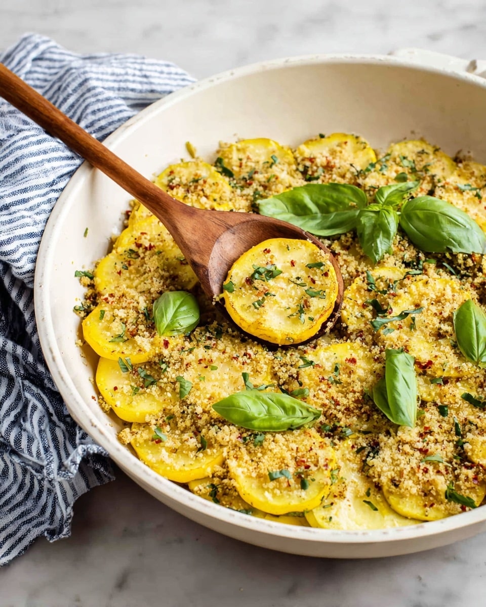 The image shows a white pan filled with round slices of yellow squash arranged closely together as the base layer. On top of the squash, there is a crumbly layer of mixed breadcrumbs and herbs with a light golden color and small green and red specks. Fresh green basil leaves are scattered over the top, adding a fresh look with their bright, smooth texture. A wooden spoon with a smooth, warm brown color is resting inside the pan, partially lifting some slices. The pan sits on a white marbled surface, and a blue and white striped cloth is in the background. Photo taken with an iphone --ar 4:5 --v 7