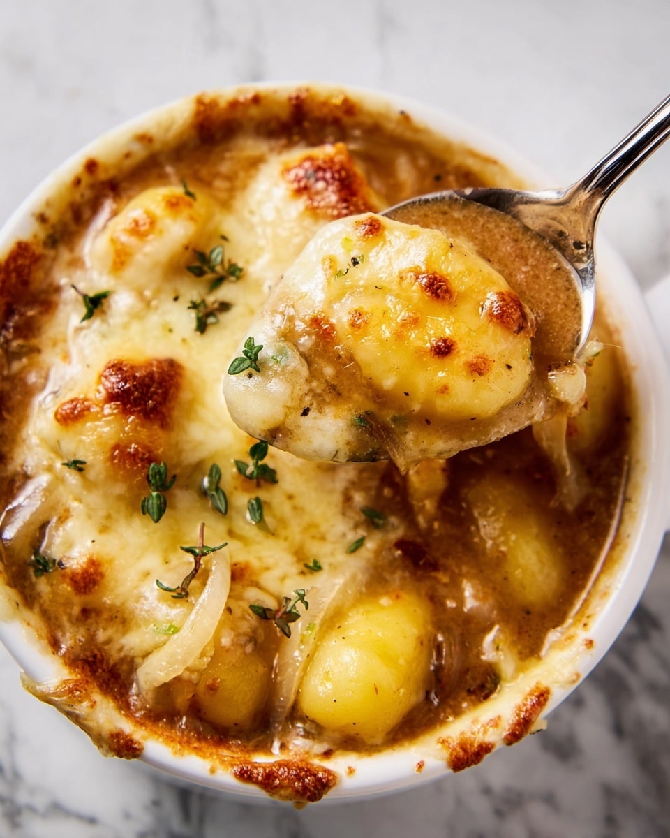 The image shows a white bowl filled with French onion soup topped with a layer of melted, golden-brown cheese that is bubbling and slightly browned in spots. Underneath the cheese, there are soft, plump yellow gnocchi pieces soaking in a rich, brown onion broth, with bits of caramelized onions visible. Small green thyme leaves are scattered on top, adding a touch of color. A silver spoon is scooping up one gnocchi covered with melted cheese, held above the soup inside the bowl. The bowl is set on a white marbled surface. photo taken with an iphone --ar 4:5 --v 7