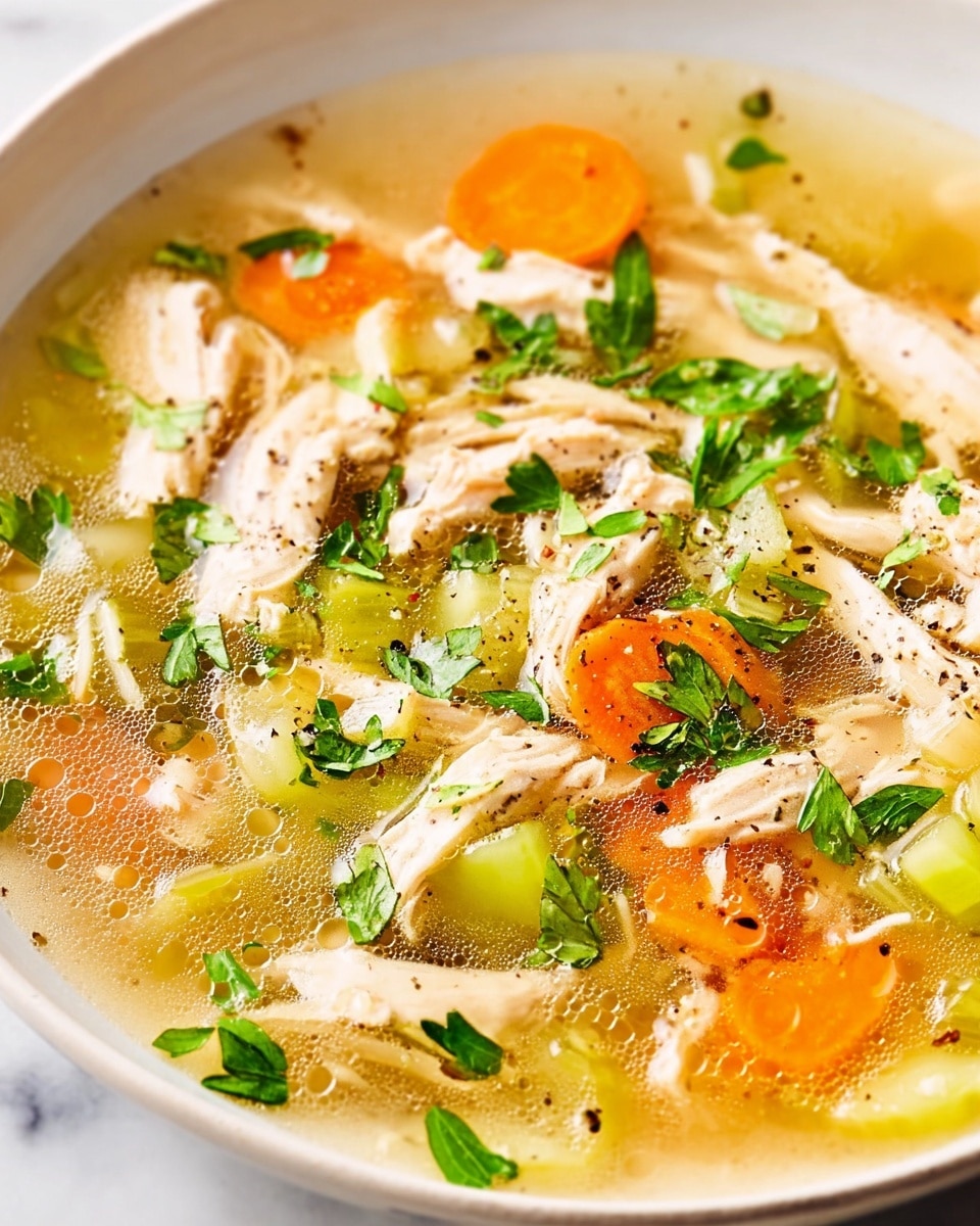 A close-up view of a clear soup in a white bowl, showing thin strips of light beige chicken meat scattered on top, with bright orange carrot slices and pale green celery chunks floating in the broth. Small green herb pieces, likely parsley, are sprinkled generously over the surface along with some black pepper flakes, adding texture and color contrast. The broth looks light and slightly oily, with a smooth and glossy surface that reflects the light. The bowl sits on a white marbled surface. photo taken with an iphone --ar 4:5 --v 7