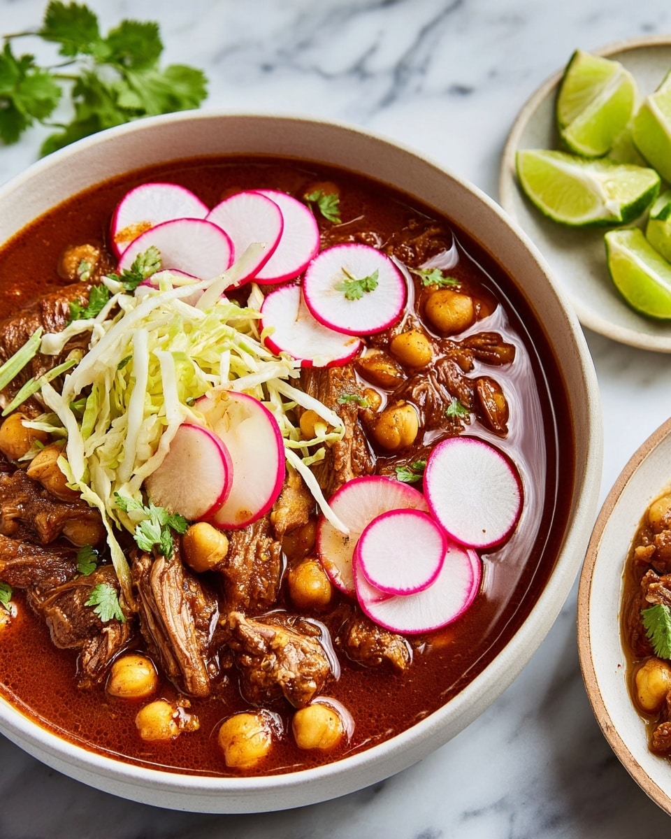 A close-up view of a bowl of rich, red-brown soup filled with chunks of tender meat and small pieces of vegetables like hominy, all in a warm broth. On top, thin, white shredded cabbage creates a light, fluffy layer near the edge. Several thin, round slices of pale pink radish with red edges float on the surface, scattered evenly. Bright green chopped herbs are sprinkled over the whole dish, adding a fresh touch. A woman's hand can be seen gently placing one radish slice on the soup. The bowl is white and sits on a white marbled surface. photo taken with an iphone --ar 4:5 --v 7