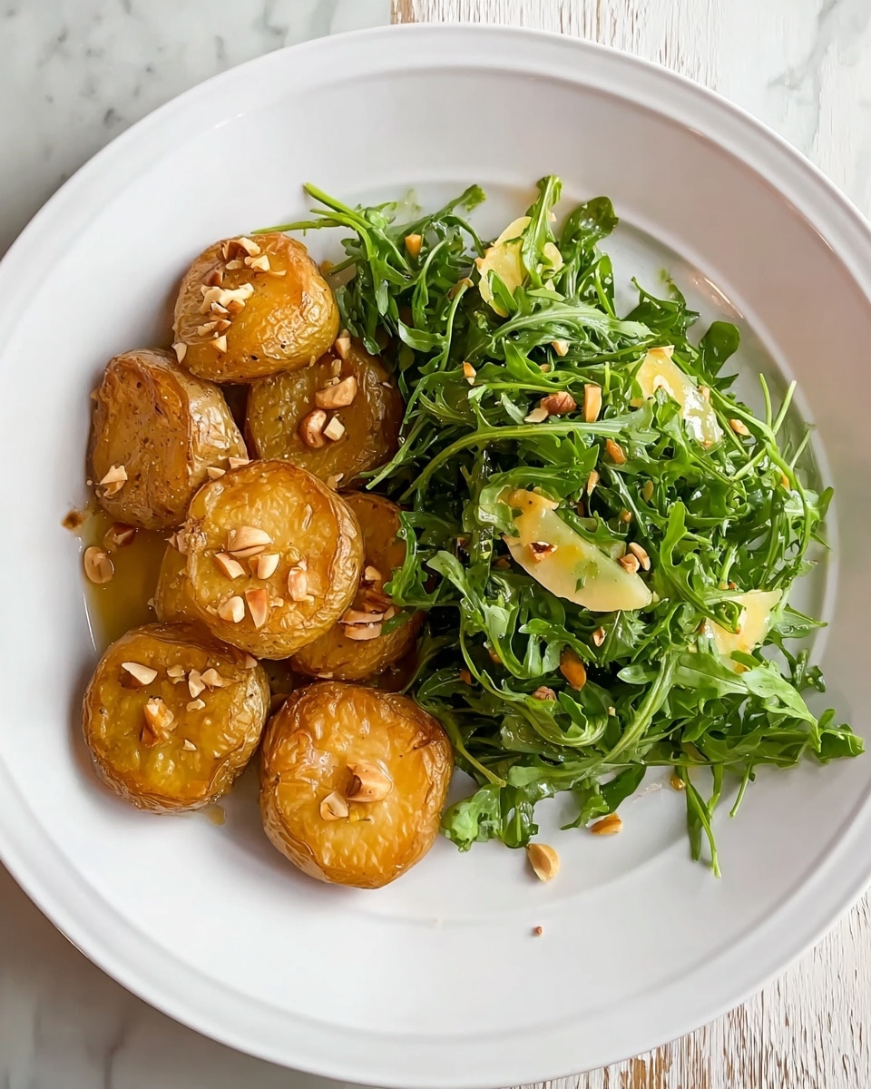 The image shows a white plate holding seven small round smashed potatoes with a golden brown skin, each topped with small pieces of light beige toasted garlic. The potatoes have a slightly rough texture and some are cracked open, showing soft yellow inside. The plate is on a white marbled surface, and there's a black and white striped cloth partially visible at the top right edge. photo taken with an iphone --ar 4:5 --v 7