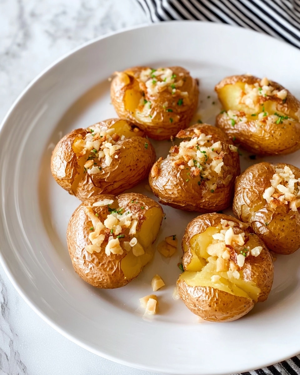 A white plate filled with about eight small, round, golden-brown roasted potatoes with a slightly wrinkled texture. Each potato is topped with small bits of light brown, crispy garlic pieces, scattered unevenly across them. The plate sits on a white marbled surface, making the warm tones of the potatoes stand out. Photo taken with an iphone --ar 4:5 --v 7