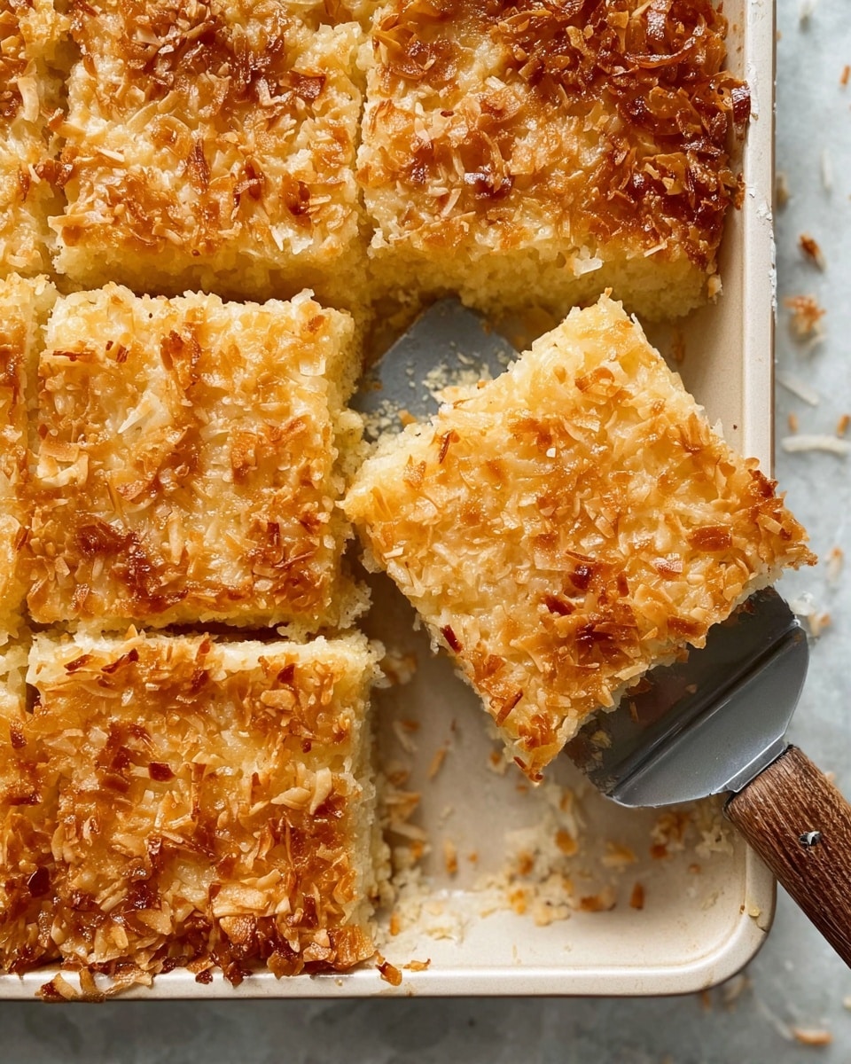 The image shows a close-up of a light golden brown coconut cake cut into squares in a white baking tray. Each square has a crispy, slightly shiny top layer made of toasted coconut flakes with a crunchy texture. The inside layer appears soft and moist with a pale yellow color. One square piece is lifted by a spatula with a wooden handle, highlighting the contrast between the crunchy top and soft inside. The background is a white marbled surface with some crumbs around the tray. photo taken with an iphone --ar 4:5 --v 7