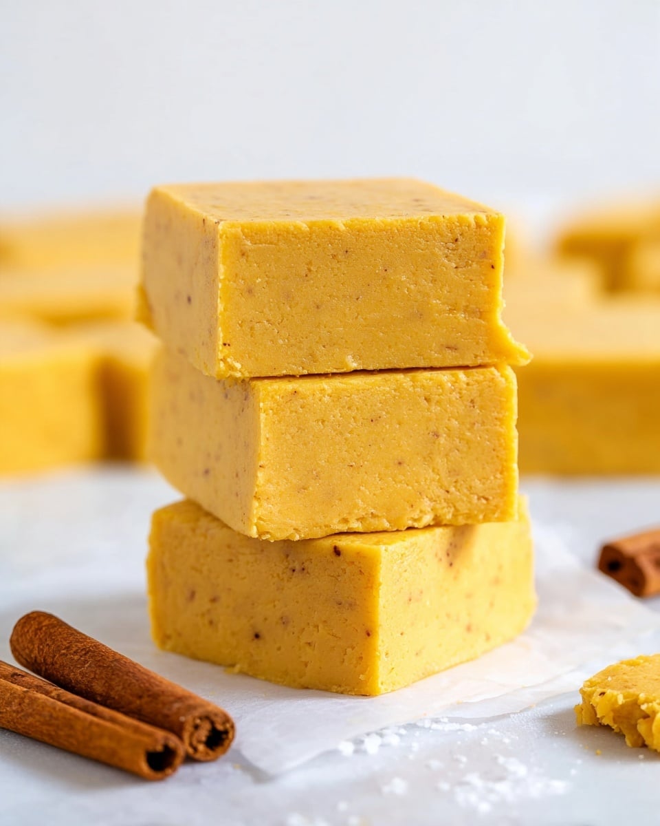 The image shows a stack of three thick, square blocks of yellow fudge with a smooth but slightly crumbly texture and small brown specks inside. Each block is neatly piled on top of another, centered in the image with other similar yellow fudge squares blurred in the background. The fudge sits on a white marbled surface with a piece of white paper underneath. On the left side, two cinnamon sticks lay flat next to the fudge. In the far right, there is a single fudge square with a small bite missing. The background is bright white, making the fudge stand out clearly. Photo taken with an iphone --ar 4:5 --v 7