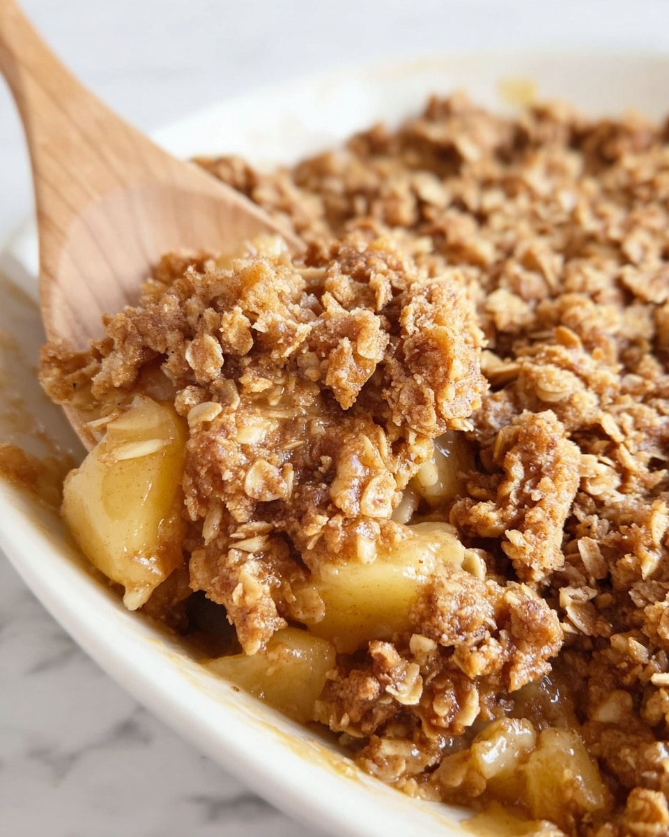 A round black plate holds a serving of apple crumble dessert with two scoops of white vanilla ice cream on top. The apple crumble has visible soft golden apple slices mixed with a crumbly topping made of oats and brown sugar, creating a rough, textured surface. The ice cream looks smooth and creamy, slightly melting onto the crumble. The plate rests on a light beige cloth with a white fork on the right side. The background is a white marbled texture. photo taken with an iphone --ar 4:5 --v 7