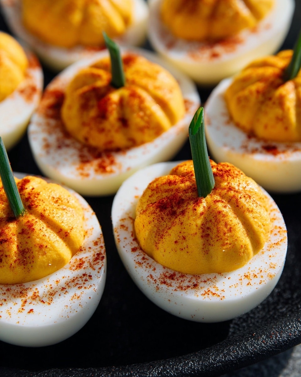 A close-up of a deviled egg showing the egg white forming the bottom layer, smooth and bright white, with a yellow, creamy filling neatly piped on top, textured with small ridges. The filling is sprinkled with red paprika powder, adding a fine dusting mostly on the center and edges. A small, green chive piece sticks up vertically from the middle of the yellow filling. The egg rests on a black surface, which should be imagined as a white marbled texture. photo taken with an iphone --ar 4:5 --v 7