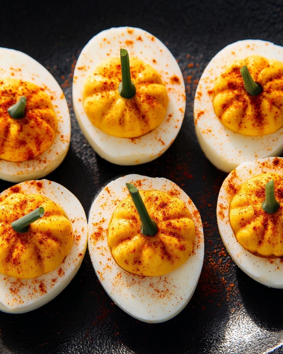 The image shows three halves of hard-boiled eggs placed on a white marbled surface, each with a thick layer of smooth, bright yellow yolk filling shaped like a small mound on top of the glossy white egg whites. The yolk is sprinkled generously with red paprika powder, which adds texture and color contrast. On the back of each yolk mound, a small green chive stalk is placed vertically, enhancing the visual appeal. The eggs are arranged close together with sharp focus on the details of the textures and colors. Photo taken with an iphone --ar 4:5 --v 7