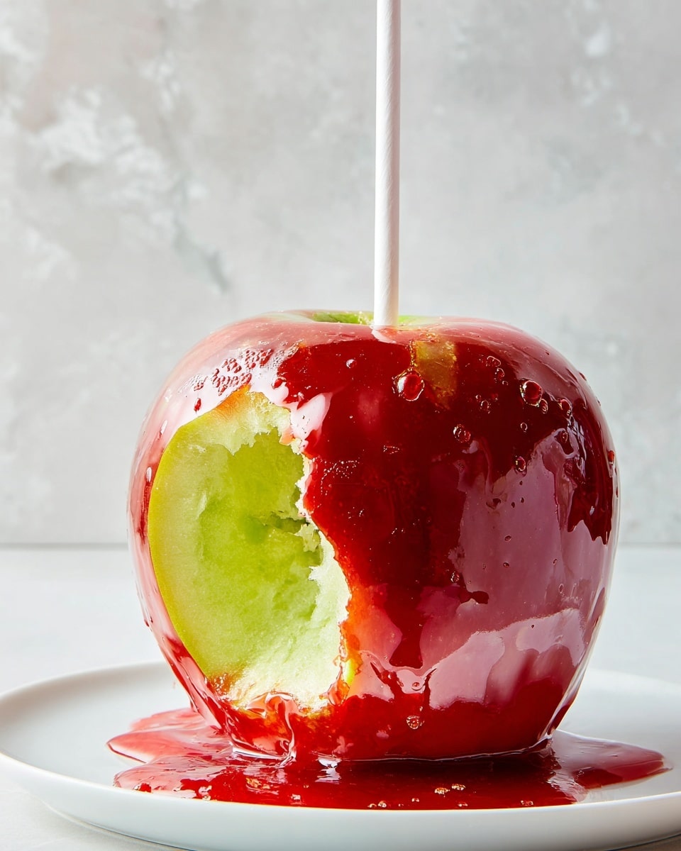 The image shows five green apples fully covered with a shiny, bright red candy layer, each pierced at the top with a white stick. The candy coating is smooth and thick but has small bubbles and slight unevenness, showing the glossy texture. The apples are placed close together on a white marbled surface with some red drips and smudges around them. The focus is mostly on the closest apple, with the other apples softly blurred in the background, highlighting the shiny red candy shell against the green apple peeking at the top near the stick. photo taken with an iphone --ar 4:5 --v 7