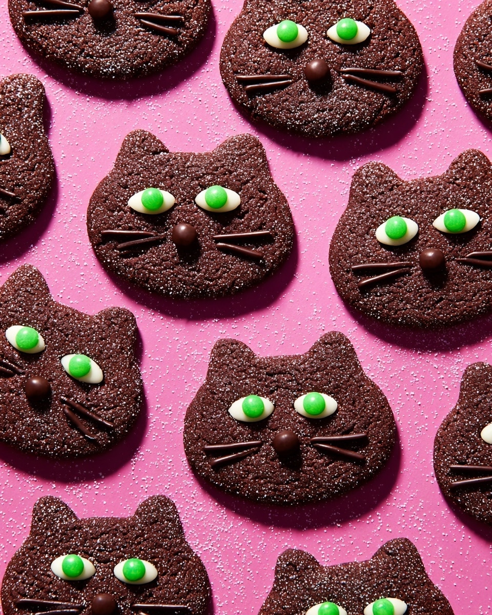 The image shows a group of dark brown cat-shaped cookies arranged closely on a bright purple background sprinkled with powdered sugar. Each cookie has two small triangle ears at the top and is decorated with white almond-shaped eyes topped with a single bright green candy in the middle. The noses are round and dark brown, while three thin lines of chocolate form the whiskers on each side of the face. The surface of the cookies has a slightly grainy texture. photo taken with an iphone --ar 4:5 --v 7