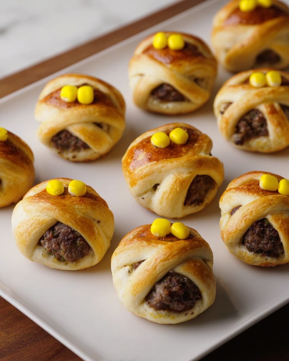 A close-up view of a small golden-brown bun held between a woman's fingers, showing a soft crust with a smooth, slightly shiny surface and a hearty filling inside. The bun has a thick envelope of dough that lightly folds around a savory mix, visible in the seam where the top split reveals a chunky, meaty filling with bits of bright yellow corn. In the blurred background, several similar buns rest on a white plate on a white marbled surface. photo taken with an iphone --ar 4:5 --v 7