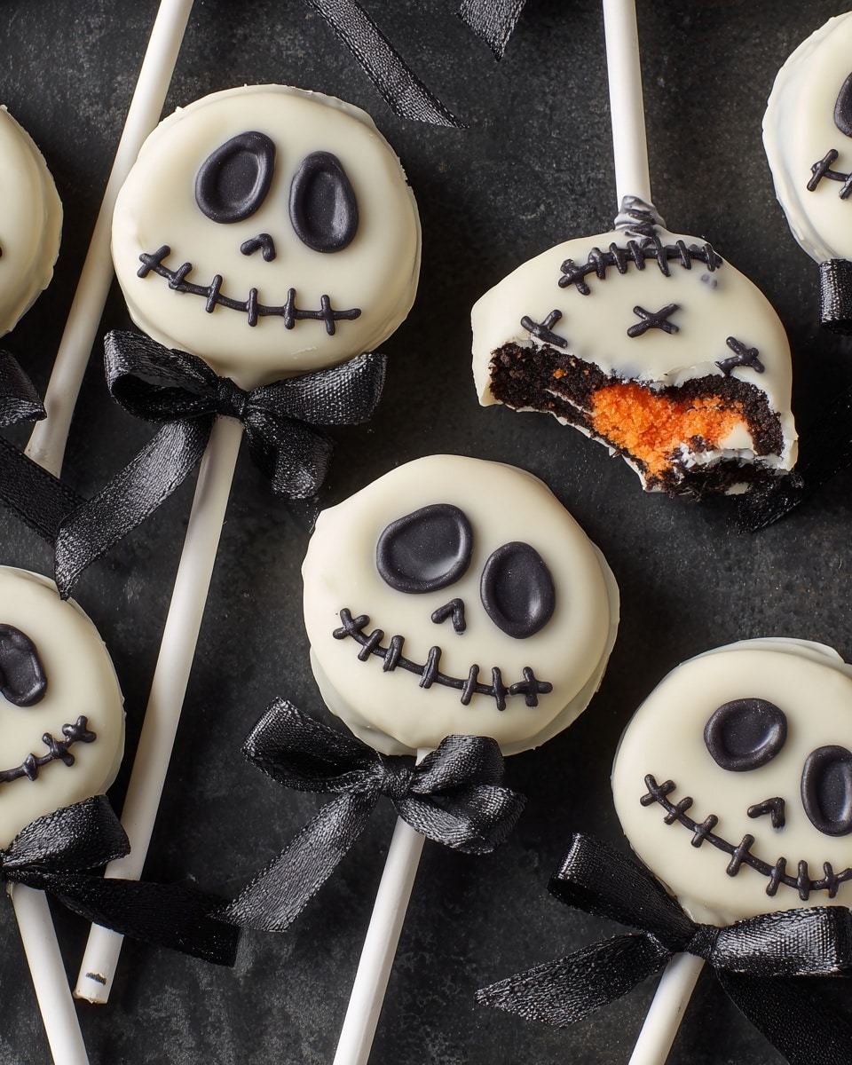 The image shows several round cake pops coated in smooth white chocolate, each decorated with different spooky black faces resembling skulls or stitched mouths. Each cake pop has two black eyes and a stitched mouth design made with glossy black icing on top of the white candy coating. The cake pops are attached to white sticks tied with small black satin bows around the base of each sweet. They are lying flat closely together on a dark surface that contrasts sharply with the bright white coating, highlighting the black facial details. Photo taken with an iphone --ar 4:5 --v 7