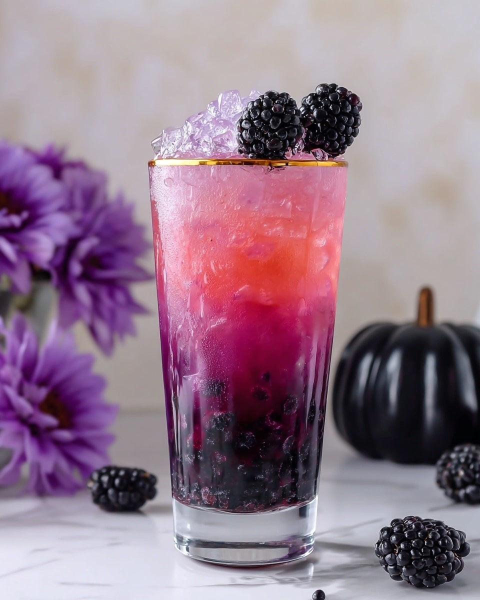 A tall clear glass filled with a three-layer drink is shown being held by a woman's hand. The bottom layer is a dark purple made of whole blackberries, the middle layer shifts to a deep red, and the top layer is a light purple with crushed ice. On top of the ice, three whole blackberries sit as garnish. The glass has a gold rim and is held in front of bright pink flowers with green leaves; a small black pumpkin with a gold stem rests in the background on a white marbled surface. photo taken with an iphone --ar 4:5 --v 7
