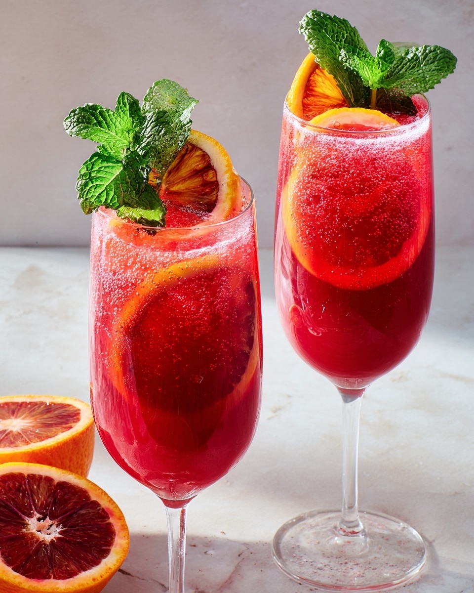 Three clear wine glasses filled with a bright red drink that has a bubbly texture. Each glass holds a thin, round slice of orange inside, resting around the middle. At the top of each glass, fresh green mint leaves and thin, golden slices of ginger sit upright, adding a fresh, vibrant look. A woman's hand pours a clear liquid from a can into the center glass, creating a slight foam on the surface of the drink. The glasses stand against a white marbled background with a halved blood orange placed on the left side. photo taken with an iphone --ar 4:5 --v 7