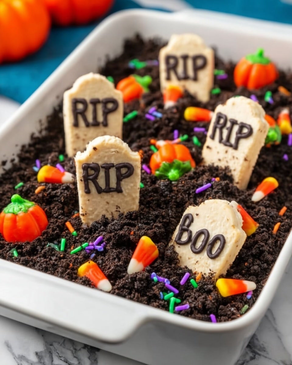 A close-up view of a Halloween-themed dessert showing a small tombstone-shaped cookie with the letters