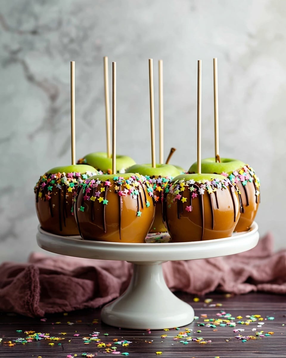 The image shows five apples dipped in shiny caramel, placed on a tan silicone baking mat with an orange border on a white marbled surface. Four apples are green and smooth, each with a stick inserted at the top center, showing details of the apple’s green skin contrast with the shiny golden caramel coating that covers the whole apple except for the top middle part around the stick. One apple is red with the same caramel coating and stick. The caramel layers are smooth and reflective. Photo taken with an iphone --ar 4:5 --v 7