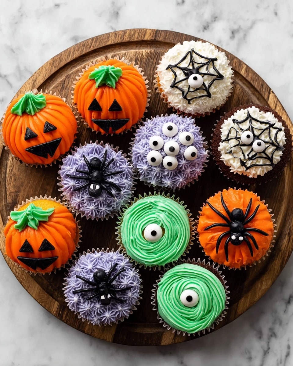 The image shows a mix of Halloween-themed cupcakes on a round wooden serving board placed on a white marbled surface. There are four types: three orange pumpkin cupcakes with a sliced pumpkin shape made of smooth orange frosting and a small green leaf on top, decorated with black icing for eyes, nose, and mouth; three purple cupcakes covered in small star-shaped frosting swirls with white candy eyes scattered on top and colorful sprinkles; three green swirl cupcakes with thick green frosting spiraled up and a single white and black candy eye in the center; and three white cupcakes with smooth white frosting, decorated with black icing spider webs and black spiders with white eyes sitting on the webs. photo taken with an iphone --ar 4:5 --v 7