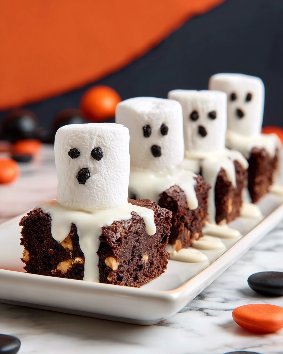 The image shows a black rectangular tray holding eight brownie pieces arranged in two rows. Each brownie piece is topped with a large white marshmallow, which is covered with dripping white icing that flows over the edges of the brownies. The marshmallows have small black eyes and open mouths made of icing, giving them a ghost-like appearance. The brownies are dark brown with a slightly textured surface, and some have small colorful bits inside. The tray is placed on a white marbled surface with orange and black felt ball garlands in the background. Photo taken with an iphone --ar 4:5 --v 7