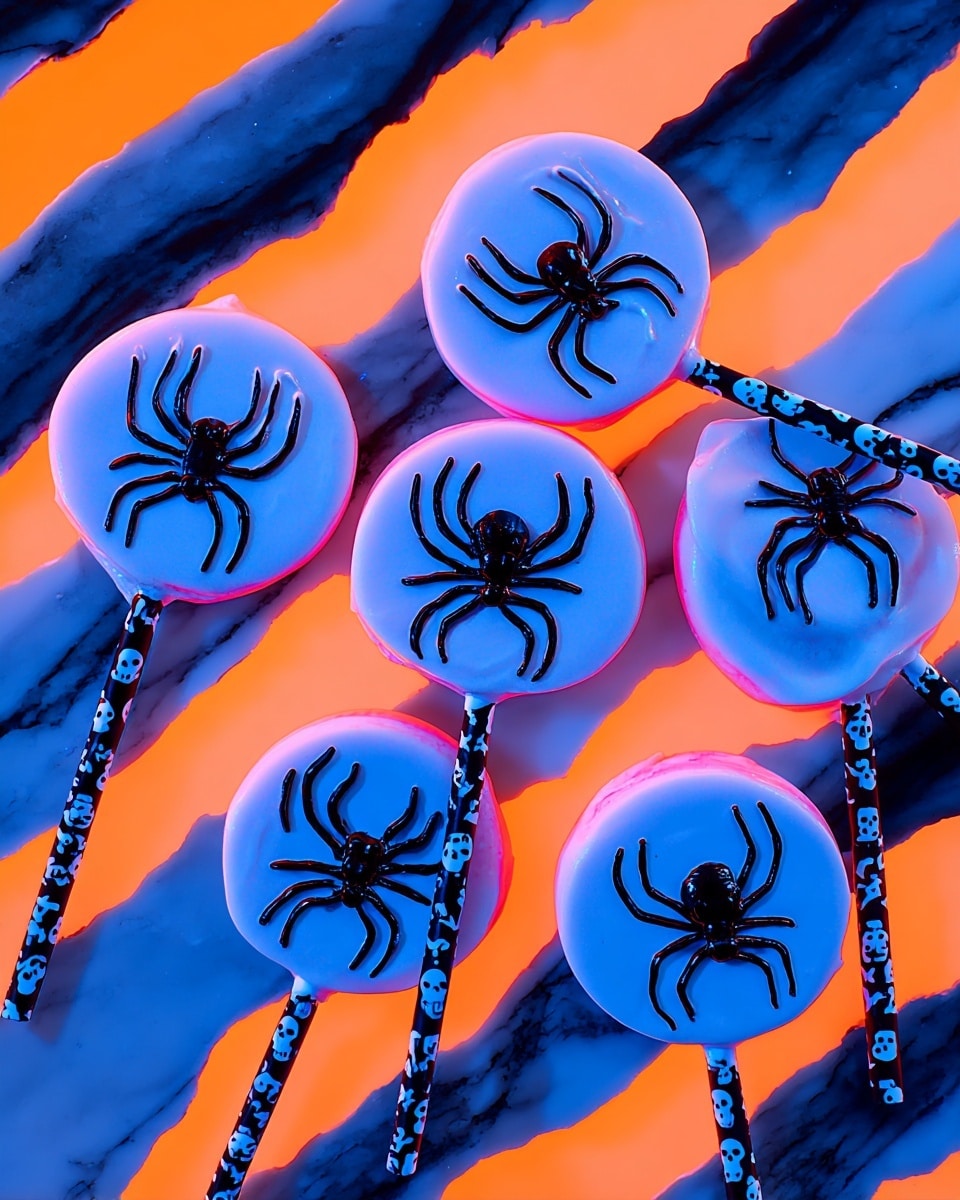 There are five round lollipops laid out on a white marbled surface with orange and black stripes. Each lollipop has three layers: a light pink outer edge and handle, a middle white smooth layer covering the round part, and on top, a black spider design with long legs bent around its body, placed in the center of the white area. The lollipop sticks have a pattern of white skulls on a black background. The lighting gives a blue glow to the white layer and the overall image has a spooky, Halloween theme. photo taken with an iphone --ar 4:5 --v 7