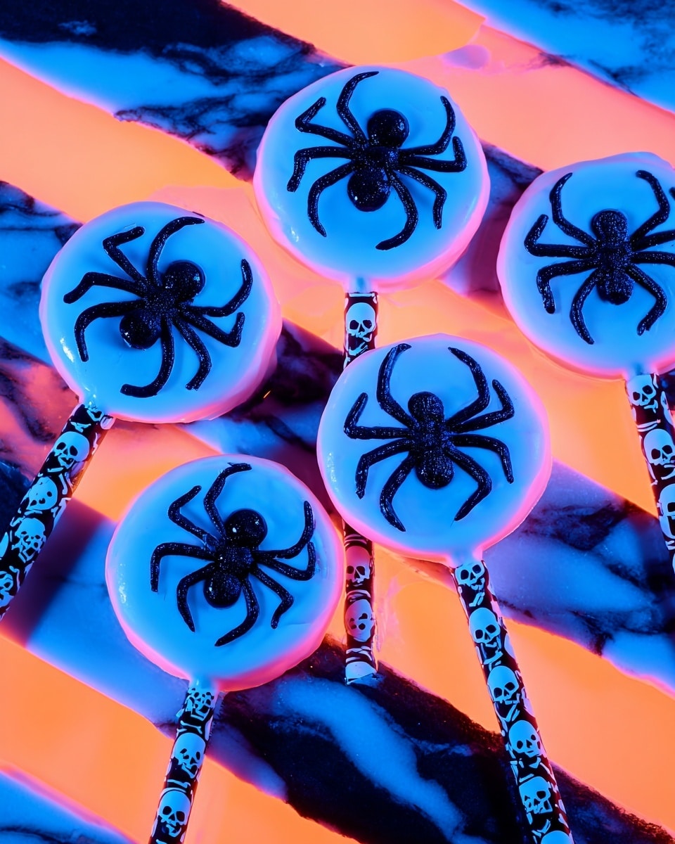 The image shows five round treats on white spoons with skull patterns on the handles. Each treat has three layers: a bottom pale yellow cookie, a middle white icing layer, and a top shiny light blue coating with a realistic black spider decoration on it. The spoons are resting on a bright background with black and orange diagonal stripes. The lighting is purple-blue, making the treats glow softly. Photo taken with an iphone --ar 4:5 --v 7