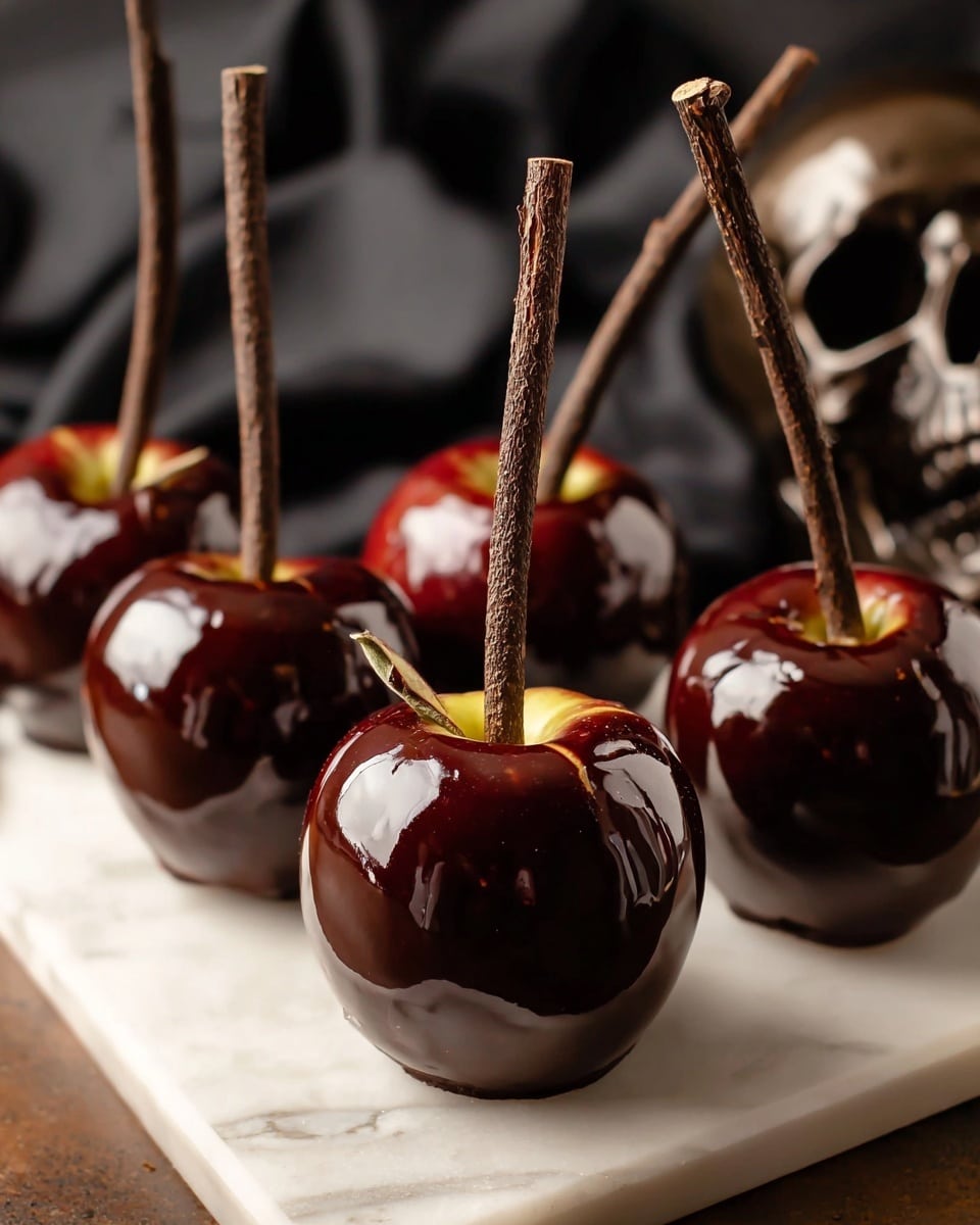 A close-up view of an apple with a natural red and yellow peel, partially covered in a thick, shiny dark chocolate layer that is smooth and glossy, leaving the top where a bite is taken completely exposed showing the light yellow inside of the apple. The apple is held by a woman's hand gripping a natural twig stick placed in the apple's top as a handle. The background shows more apples dipped in chocolate with a soft focus on a white marbled surface. photo taken with an iphone --ar 4:5 --v 7
