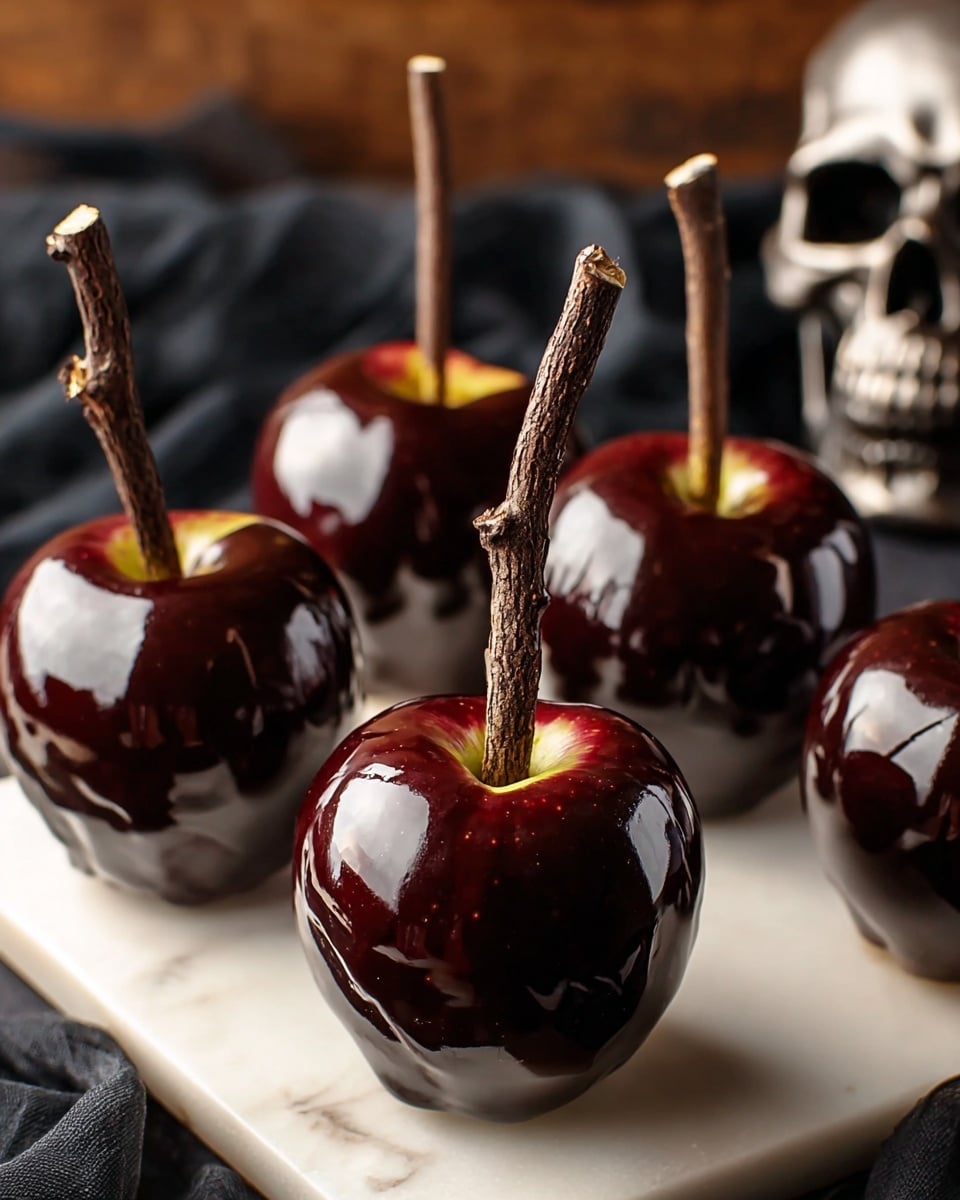 The image shows six apples each covered with a shiny, smooth dark chocolate layer, with the chocolate coating reflecting light. Each apple is pierced from the top by a brown, rough-textured twig used as a stick, giving a natural look. The apples are deep red near the chocolate and have a small yellow-green apple stem area exposed around the twig. Five apples sit on a wooden surface, while one is being held by a woman's hand on the right side, raising it slightly above the others. The background features a dark cloth with soft folds, and there is a skull object blurred in the distance. photo taken with an iphone --ar 4:5 --v 7