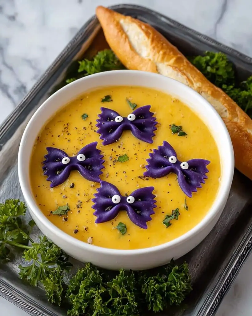 Butternut Squash Soup with Black Pasta Bats Recipe