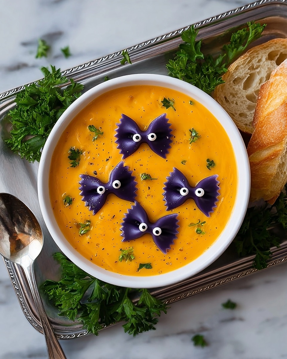 A white bowl filled with creamy yellow soup topped with three purple bowtie pasta pieces, each with two small white and black peppercorn eyes, arranged to look like little faces; small green herb leaves are scattered on the soup surface, along with a few specks of black pepper. The bowl rests on a metal tray with fresh green parsley around it, and a golden brown breadstick is placed behind the bowl on the tray, which sits on a white marbled surface. photo taken with an iphone --ar 4:5 --v 7