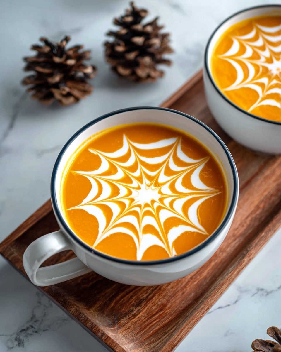 The image shows a white cup of orange soup with a smooth texture, placed on a wooden board on a white marbled surface. The soup has a white cream pattern on top forming a symmetrical spiderweb design with eight sections, each section alternates between swooping curves and pointed lines. In the background, there is a glimpse of another white bowl containing the same soup with a similar cream design. Pinecones are also visible on the white marbled surface around the board. Photo taken with an iphone --ar 4:5 --v 7