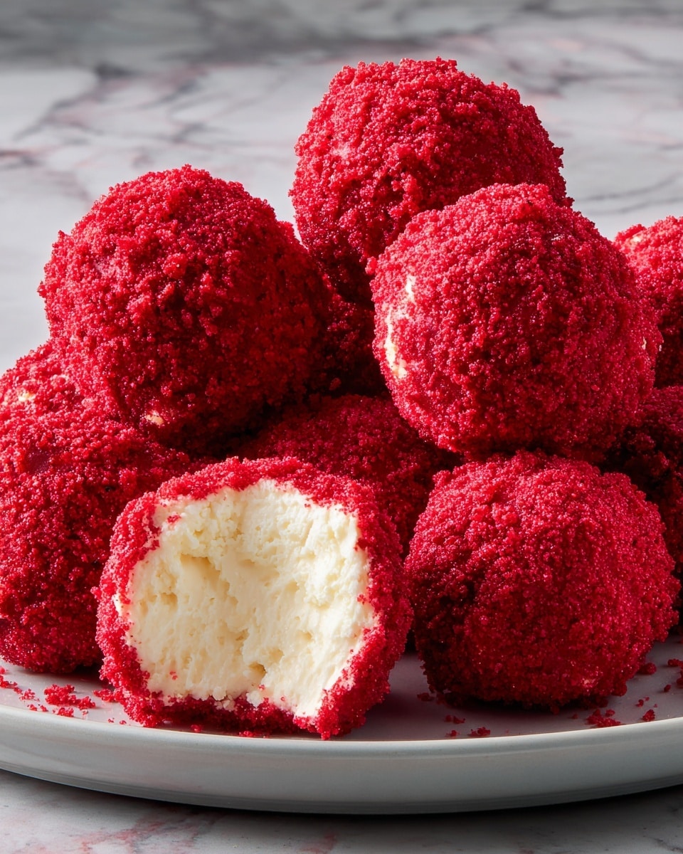A group of round sweets covered in bright red crumbly coating sits on a white plate against a white marbled surface. Each sweet is a single layer with the outer surface rough-textured and deep red in color. One sweet in the front shows its inside, revealing a creamy white center with a soft and slightly grainy texture. The sweets are piled close together, showing the contrast between the bright red outside and the pale cream inside. Photo taken with an iphone --ar 4:5 --v 7
