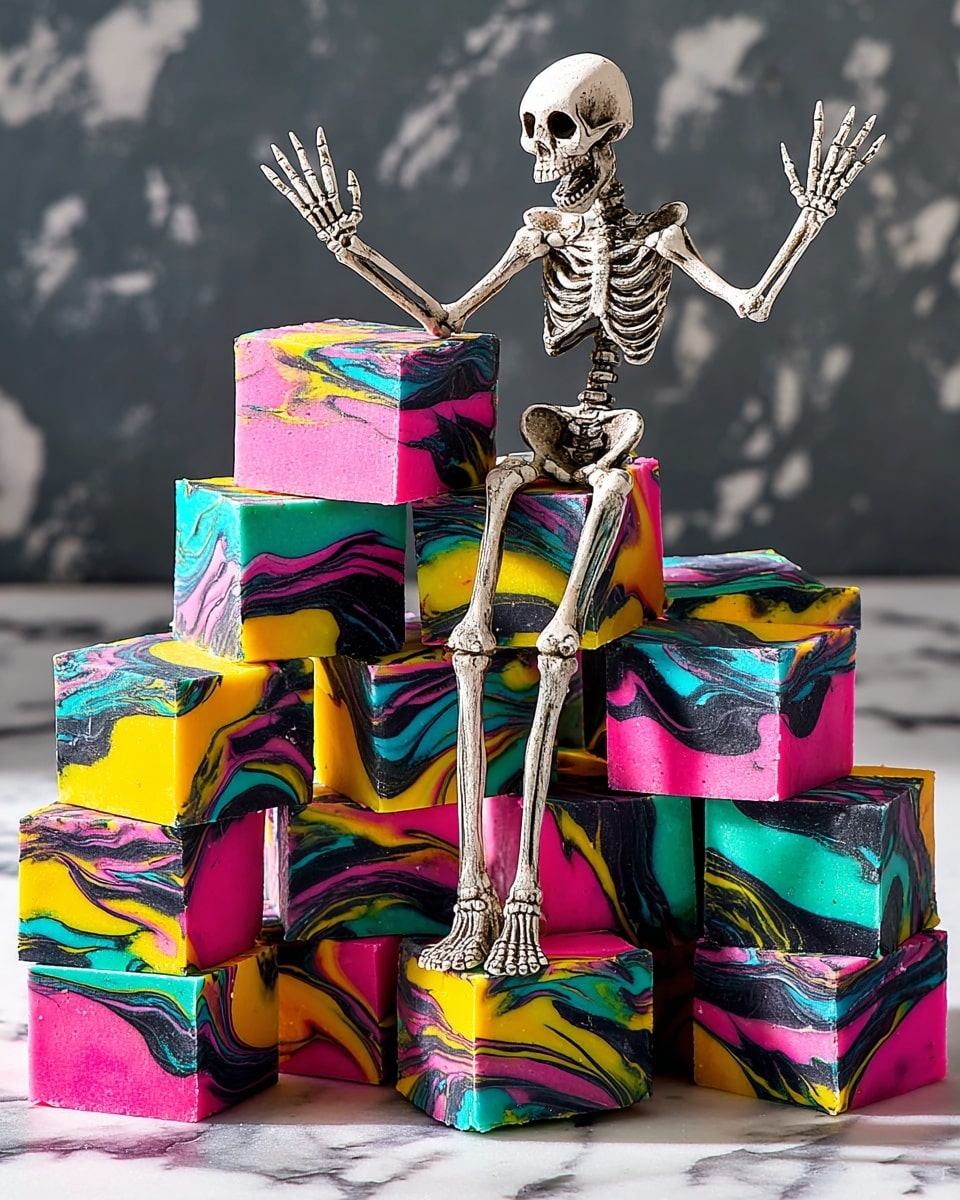 The image shows several small square pieces of colorful fudge arranged closely together on a white marbled surface. Each piece has bright swirls of pink, yellow, turquoise, and black, creating a vibrant marbled pattern. The colors blend smoothly in curved lines across all layers, with no clear separation between layers, giving a fluid, mixed look on each square. The surface of the fudge looks smooth and slightly shiny, reflecting light softly. photo taken with an iphone --ar 4:5 --v 7