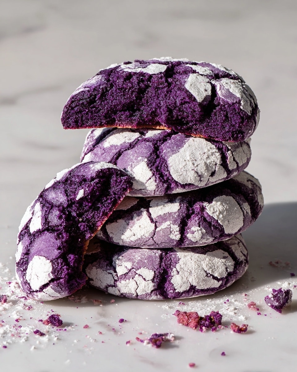 A stack of four round cookies with a deep purple color and cracked white powdered sugar on top sits on a white marbled surface. The cookies have a rough, uneven texture with thick white patches scattered across their tops. One cookie lies broken in front of the stack, showing a soft, moist interior that matches the dark purple outside. Small crumbs and fragments of cookie are scattered around on the surface, adding to the simple and rustic look. photo taken with an iphone --ar 4:5 --v 7