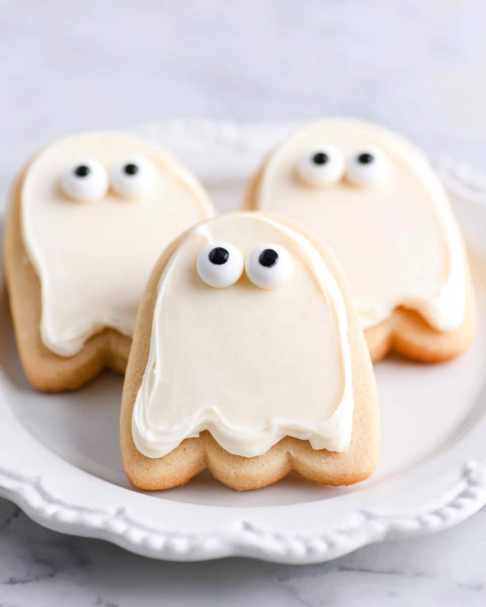 A white scalloped-edged plate holds eight decorated sugar cookies in three shapes: ghosts, pumpkins, and candy corn. The two ghost cookies have a smooth white frosting base covering the cookie, topped with two small round white eyes with black centers near the top. Four pumpkin-shaped cookies have bright orange frosting with visible swirls creating texture, each with a small green stem at the top. Two candy corn cookies have three frosting layers: a white tip at the top, an orange middle, and a yellow base, all showing soft, slightly swirled textures. The plate is set on a white marbled surface. Photo taken with an iphone --ar 4:5 --v 7