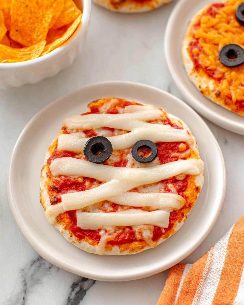 A small pizza is on a white plate with a white marbled background. It has a thick round crust at the bottom, topped with a layer of red tomato sauce, then a layer of melted bright orange cheese covering the surface. On top, seven round black olive slices are spread across unevenly, with some melted cheese visible between them. The edge of the pizza shows a bit of golden browning. Part of another pizza with melted cheese and tomato sauce is visible behind it. A few green basil leaves are at the corner of the plate. Photo taken with an iphone --ar 4:5 --v 7