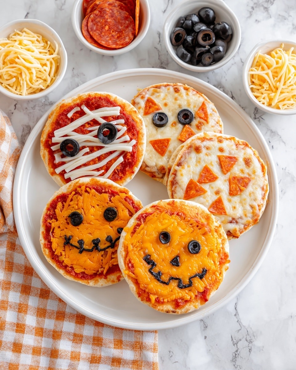 The image shows a white round plate on a white marbled surface with five small round pizzas decorated for Halloween. The top left pizza has a base of red tomato sauce with white strips of melted cheese resembling mummy wraps and two black olive slices as eyes. The top right pizza has melted white cheese with small orange triangle pieces creating a jack-o'-lantern face. The bottom middle pizza is covered in melted orange cheese with two olive eyes and an olive mouth. The bottom left pizza has orange melted cheese with a smiling face made of black olive rings. The bottom right pizza is covered with orange melted cheese and has a jack-o'-lantern face made of small orange triangle pieces. Around the plate are small white bowls filled with shredded cheese, black olives, and red pepperoni slices, placed on a white and orange checkered cloth. photo taken with an iphone --ar 4:5 --v 7