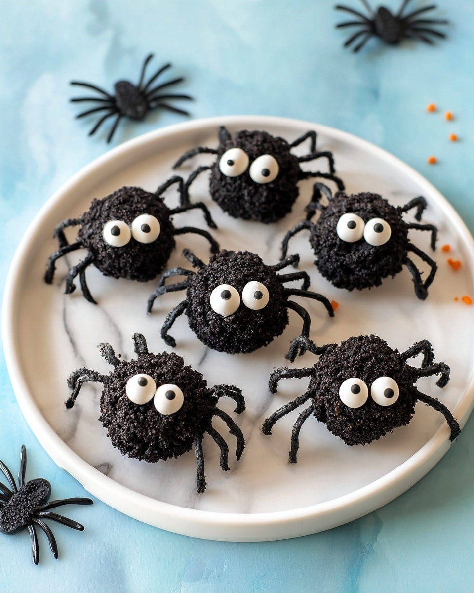 A group of small black spider-shaped treats are arranged on a white marbled surface. Each spider has a rounded textured black body made from a crumbly chocolate base. Two large white candy eyes with black dots are placed near the front of each body. Curved dark chocolate pieces shape the spiders' eight legs, four on each side, sticking out from the body and bending downwards. Some extra white candy eyes are scattered around on the surface. The background is softly blurred to keep focus on the spider treats. photo taken with an iphone --ar 4:5 --v 7