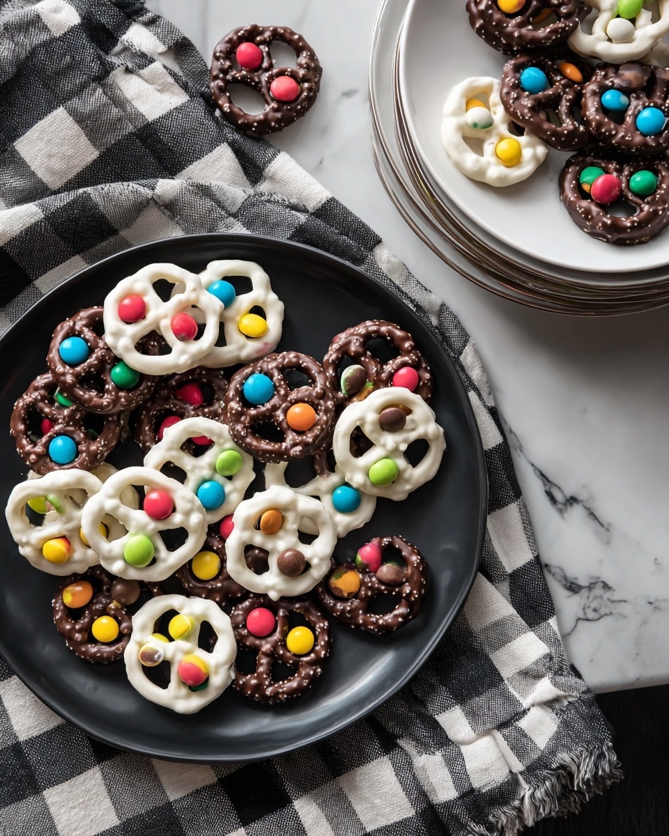 A dark round tray is filled with two types of pretzel treats shaped like skulls; one type is coated in smooth white chocolate with colorful small round candies as eyes in pairs of red, green, yellow, blue, or pink, and the other type is coated in dark chocolate with similar colorful candies for eyes. On the right side, a stack of three white plates holds more of the same white and dark chocolate pretzel skulls. The tray rests on a white marbled surface partially covered with a black and white checkered cloth. Photo taken with an iphone --ar 4:5 --v 7