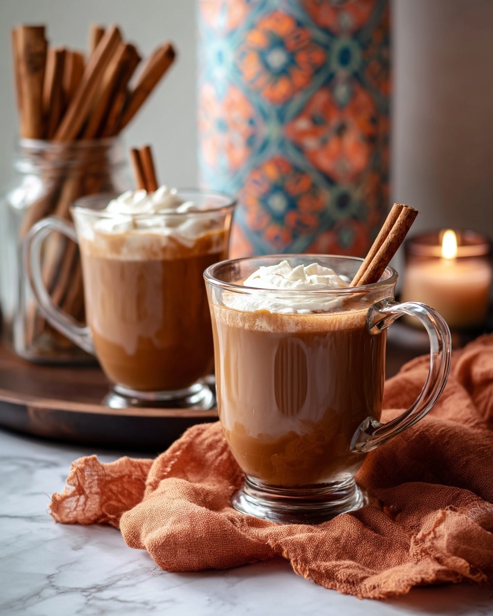 The image shows a clear glass mug filled with a warm dark brown drink. It has one layer of white creamy foam on top sprinkled with a light dusting of cinnamon powder. A cinnamon stick stands upright in the foam, and two small slices of red apple rest on the foam near the cinnamon stick. The glass mug is placed on a wooden surface with cinnamon sticks and a cinnamon container nearby. In the background, there is a lit orange candle creating a cozy warm light. The setting is on a white marbled texture surface. Photo taken with an iphone --ar 4:5 --v 7