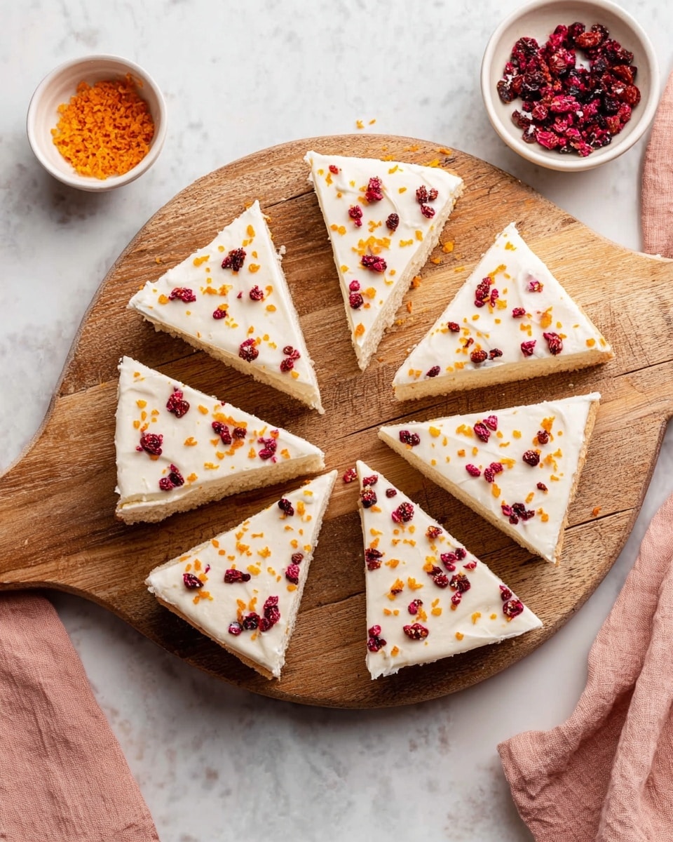 The image shows several triangular cookie bars placed on a wooden board. Each piece has two main layers: a light brown base with a slightly crumbly texture, and a smooth, white frosting layer on top. The frosting is decorated with small dried fruit pieces, including dark red and orange bits, scattered evenly over each slice. The background is a white marble texture, enhancing the color contrast of the dessert. Photo taken with an iphone --ar 4:5 --v 7