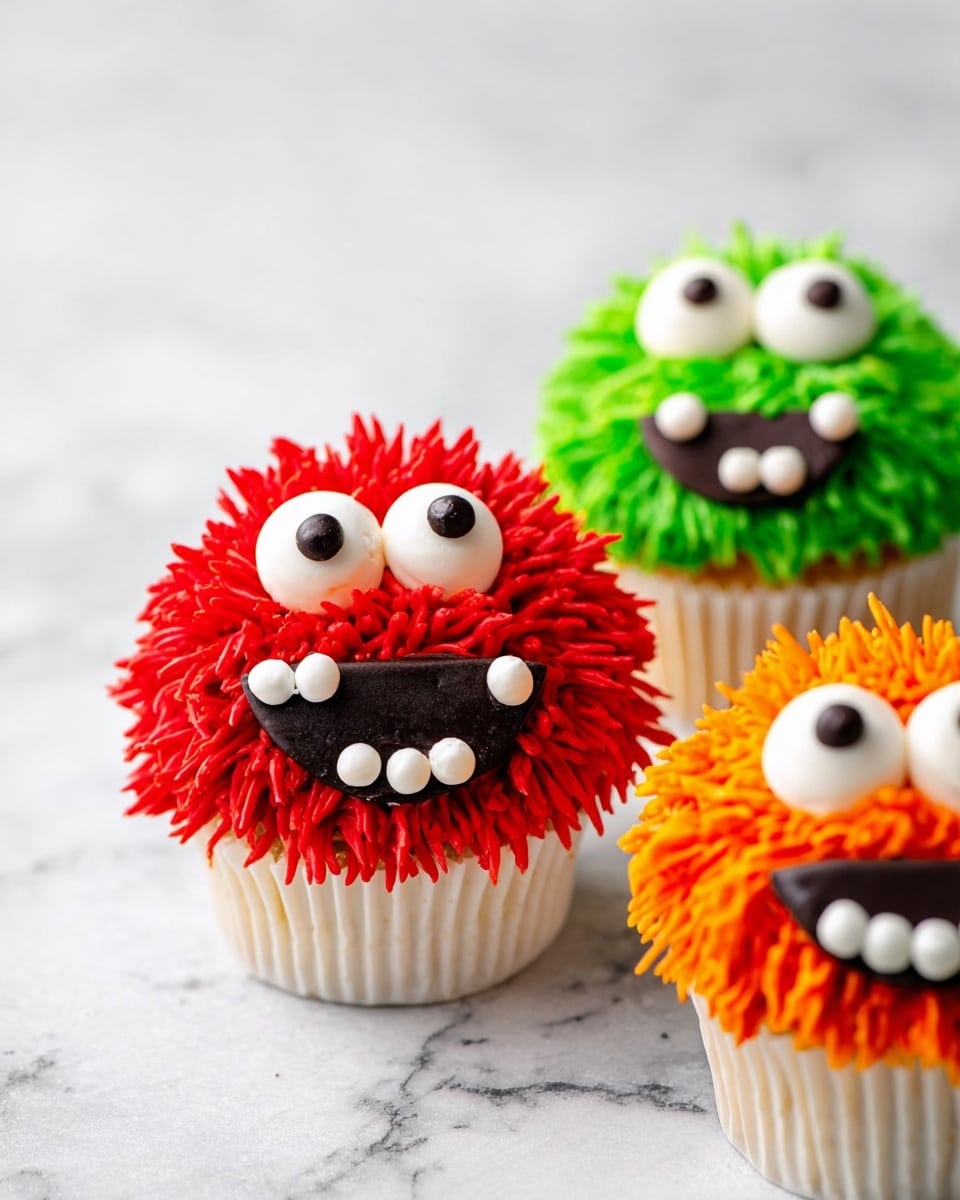 The image shows six colorful monster-themed cupcakes arranged on a white marbled surface. Each cupcake has one thick layer of bright, stringy frosting mimicking fuzzy monster fur in red, green, or orange colors. They each have two or three large round white eyes with black pupils placed unevenly on top. The mouths are wide and smiling, made of black cookie pieces outlined with small white frosting dots acting as teeth, giving a playful expression. The texture of the frosting strands is detailed and stands out from the base of each white cupcake liner, with some cupcakes showing multiple eyes and varying mouth shapes. photo taken with an iphone --ar 4:5 --v 7