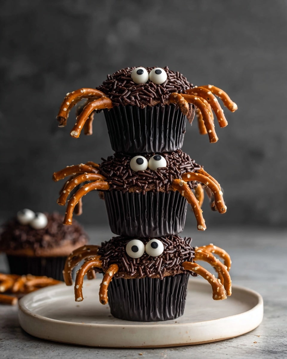 This image shows five chocolate cupcakes made to look like spiders, placed on a wooden cake stand with some small plastic black spiders around it. Each cupcake has a base covered with dark chocolate sprinkles that give a rough texture. On the cupcake, there are two round white candy eyes with black dots in the center for pupils. The spider legs are made from pretzel sticks, four on each side, curved to stick out from the sides of the cupcake. The dark background and wooden cake stand create a warm, spooky mood. The photo is taken with an iphone --ar 4:5 --v 7