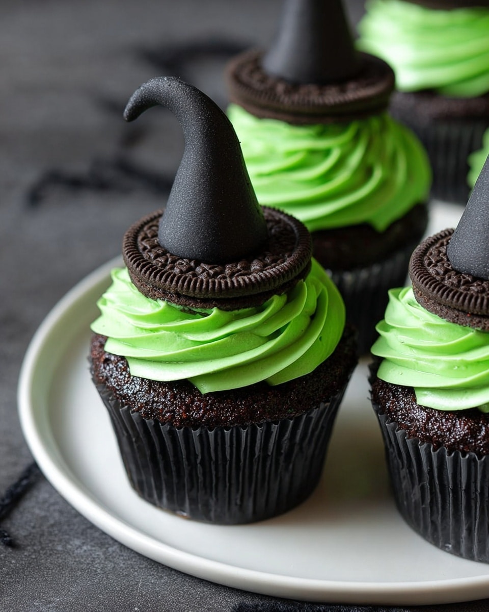 The image shows a black cupcake with bright green frosting swirled on top. Above the frosting is a chocolate cookie acting like a brim, and on top of that is a small black witch hat made from a smooth-looking material, with a green band around the base. The cupcake is in a black paper wrapper and sits on a white marbled surface scattered with chocolate chips. A silver fork lies in the background near more similar cupcakes. Photo taken with an iphone --ar 4:5 --v 7