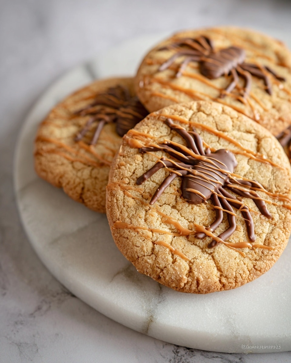 Three round golden-brown cookies are placed on a white marble surface, stacked slightly overlapping. Each cookie has a textured, cracked surface with two small spider shapes drawn on top using smooth lines of melted chocolate and caramel-colored spread, giving a playful and festive look. The cookies appear thick with a soft texture and slightly crisp edges. The close-up, soft lighting highlights the warm tones and details of the cookies’ surface. photo taken with an iphone --ar 4:5 --v 7