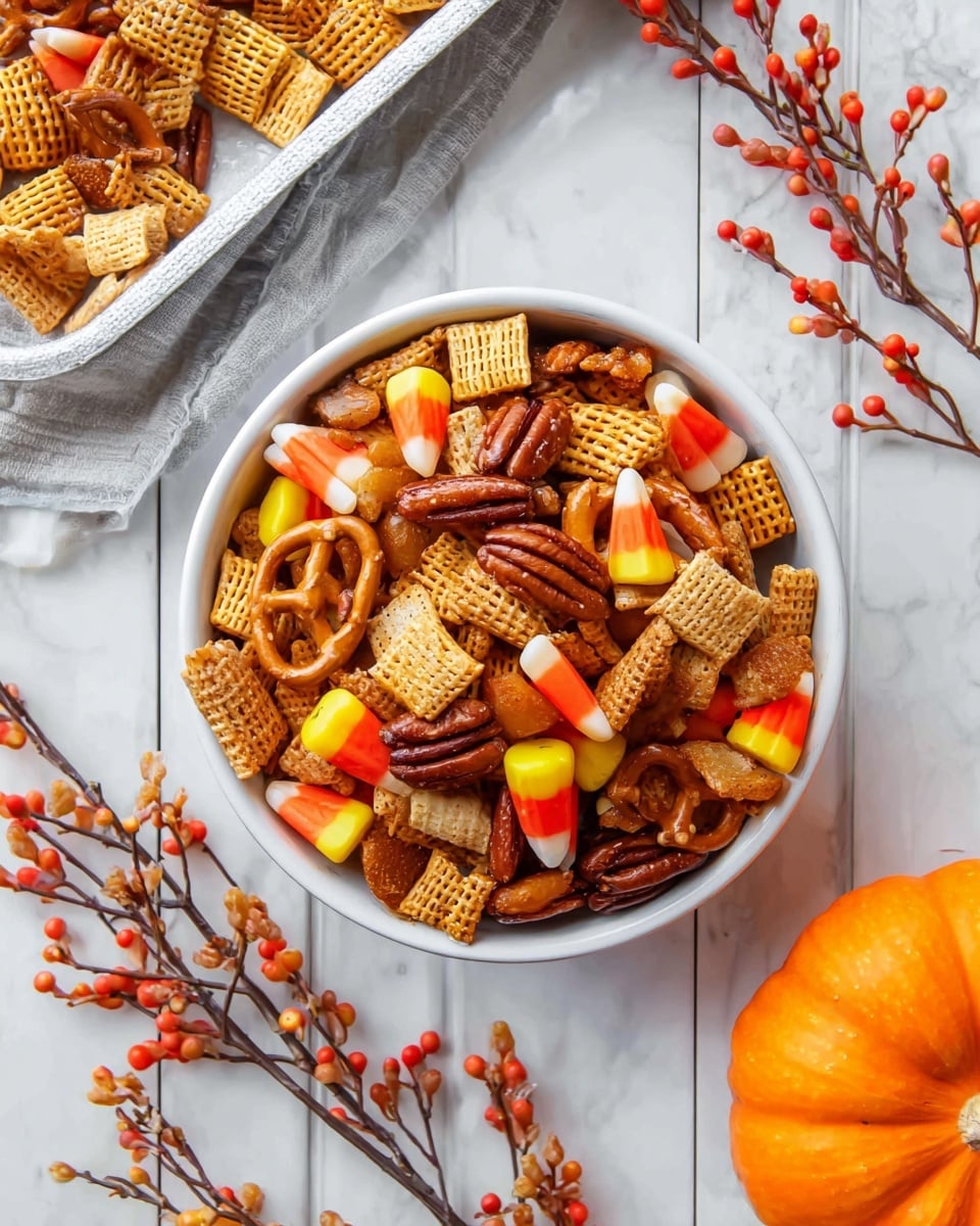 The image shows a black baking tray filled with a mix of snack ingredients spread evenly across it. The mix has layers of small light brown square cereal pieces with a woven texture, scattered orange and yellow candy corn, round orange and yellow candy-coated chocolates, rich brown pecan nuts, golden brown pretzels in various shapes, thin pretzel sticks, and light golden corn chip pieces shaped like mini cones or triangles, all resting on white parchment paper. The mix forms a colorful, textured spread with browns, orange, yellow, and a bit of glossy shine from the candies. The background is a white marbled surface. Photo taken with an iphone --ar 4:5 --v 7